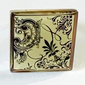 Aged Silver Tone Square Statement Ring w/ Graphic Design & Rhinestones